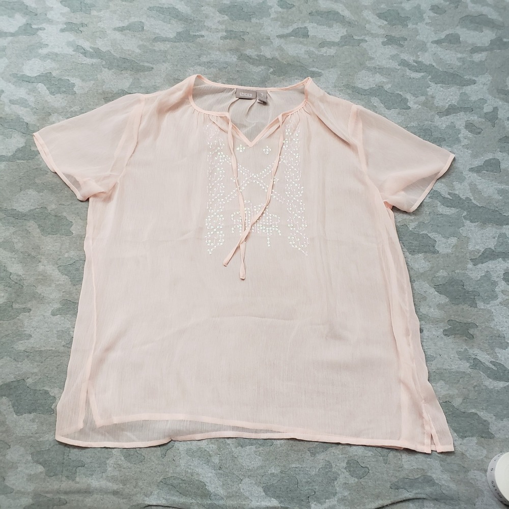 Chico's Blouse Top Womens 3 Pink Sheer Sequin Split Neck Tie Short Sleeve